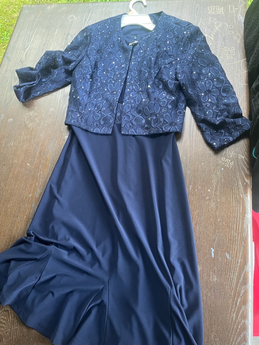 Jessica Howard Navy Blue Two-Piece Evening Dress with Lace Jacket